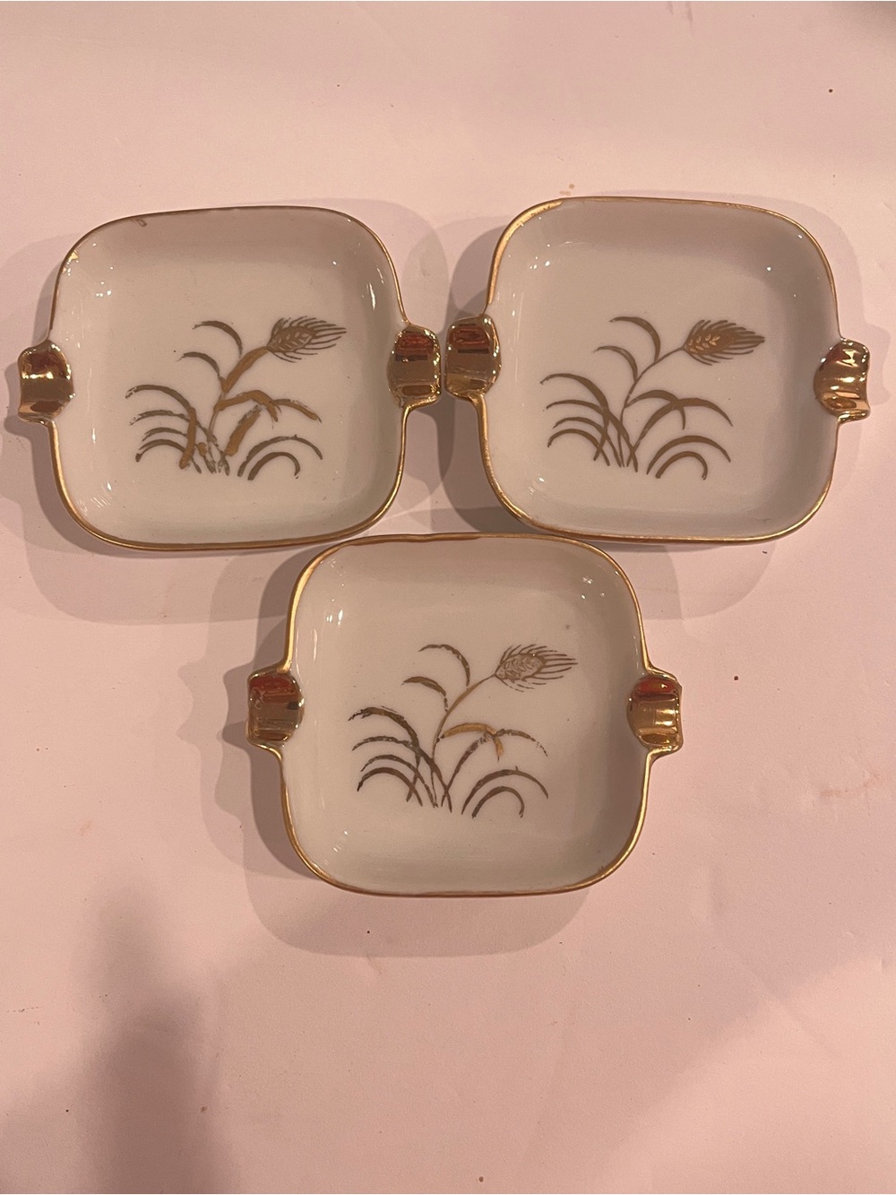 Lefton China Vintage White Porcelain Ashtrays with Gold Trim - Set of 3